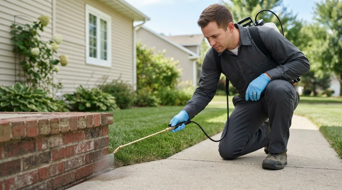 Pest control technician treating a home near Fairland, IN