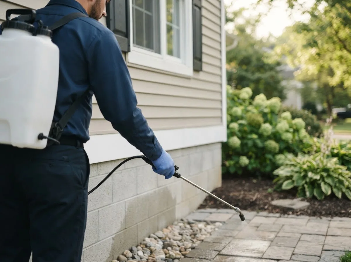 Pest control technician inspecting a home in Fairland, IN
